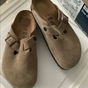 Unisex taupe suede Boston Birkenstocks